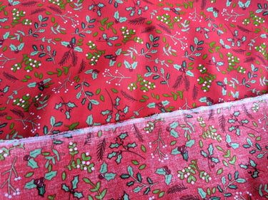 Red Sally Polycotton Holly Leaves Christmas Fabric, Festive Fabric, Holiday Fabric